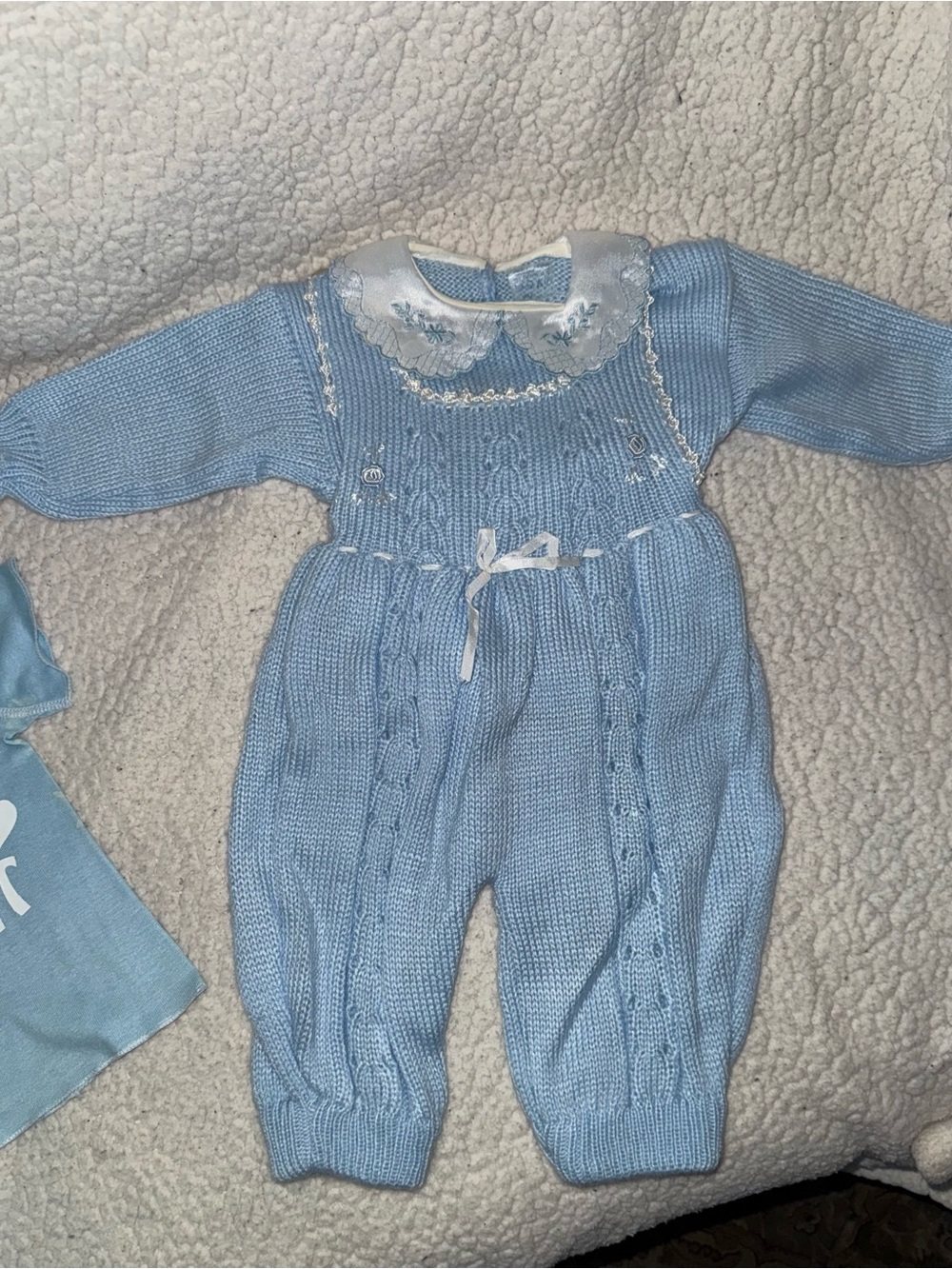 Soft Blue Knit Baby One-Piece with Embroidered Collar